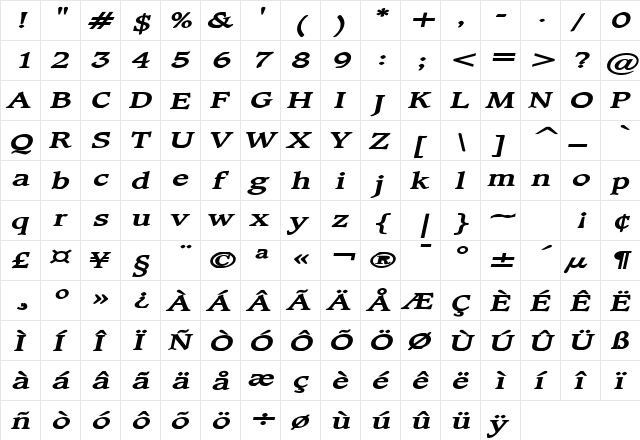 Clayton Extended Bold Italic  glyph index