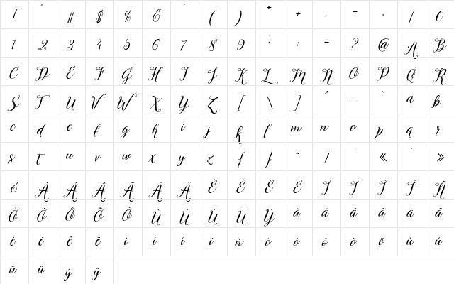 Varelisa Regular  glyph index