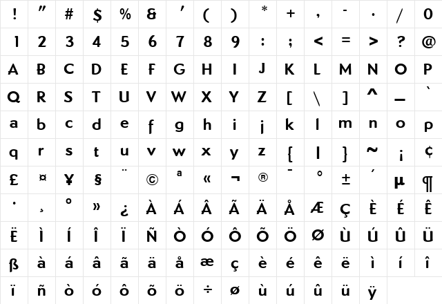 DundeeBold Bold  glyph index