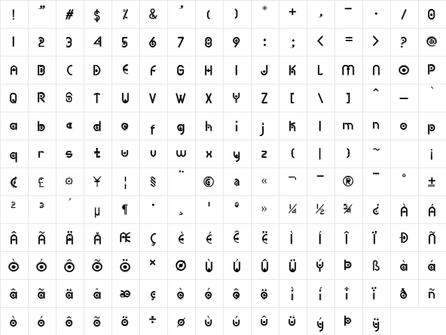 Rollstone Outline Regular  glyph index