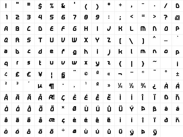 Swerve Bold  glyph index