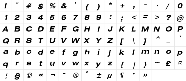 HeliosExtC Bold Italic  glyph index