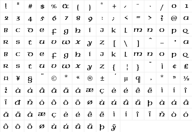 Colonial-Uncial Regular  glyph index