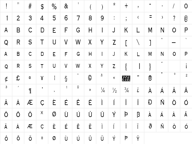 GraverplateNarrow Regular  glyph index