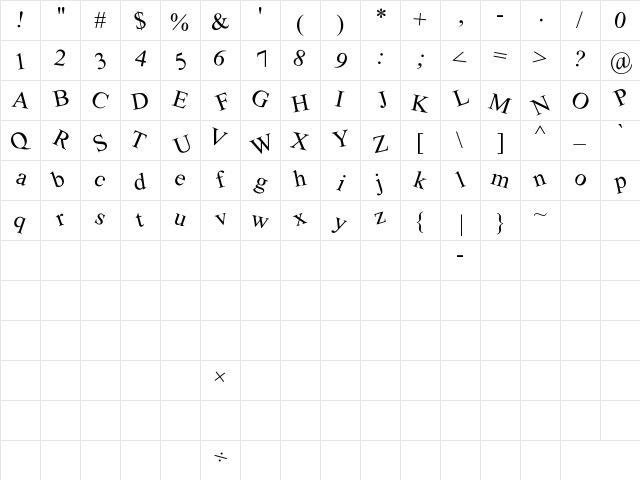 Crooked Regular  glyph index