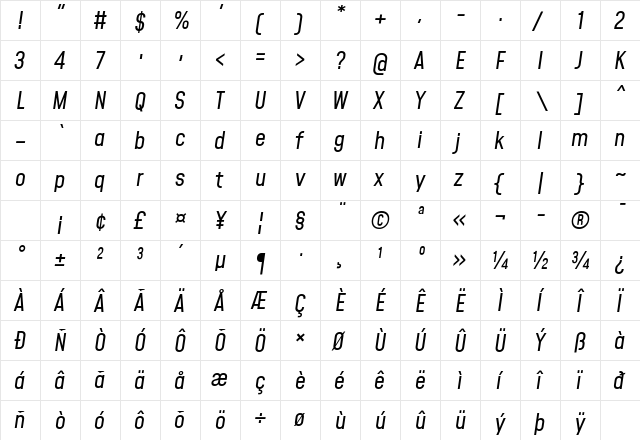 Mohave Italic  glyph index