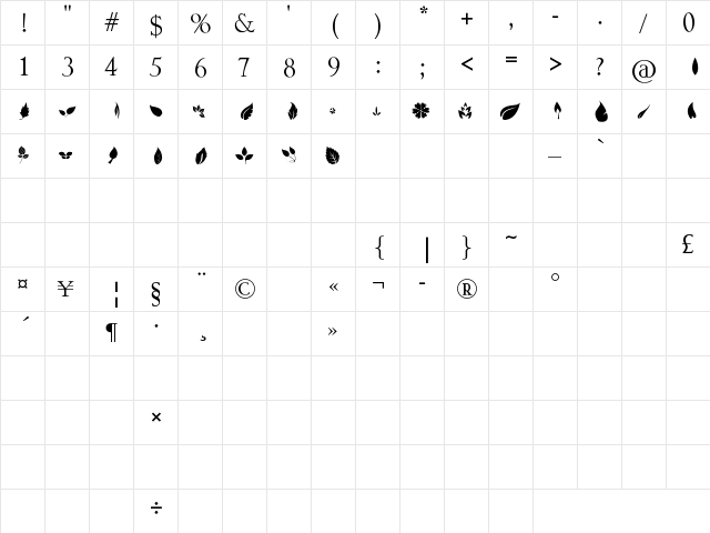 Leafs Regular  glyph index