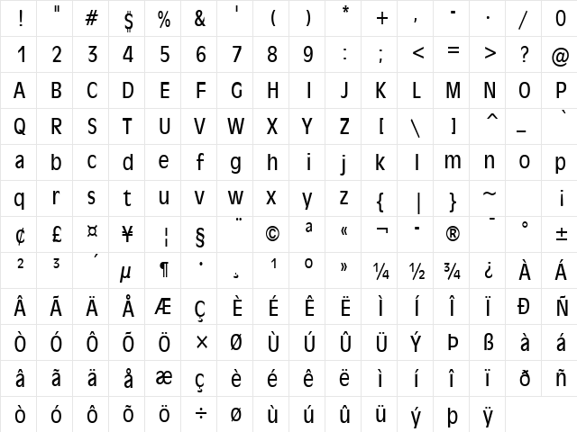 Antiqua 101 Condensed Normal  glyph index