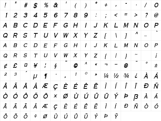 Engraver-Condensed Bold Italic  glyph index