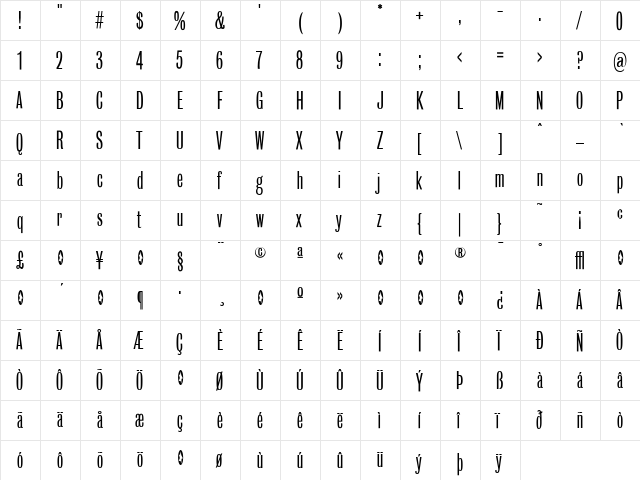 BureauGrotesque-OneOne Regular  glyph index