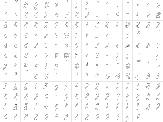 Gobold Hollow Italic  glyph index