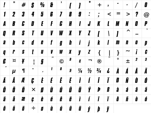 Compacta Bold Italic  glyph index