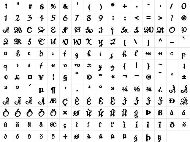 DancerPrancer Bold  glyph index