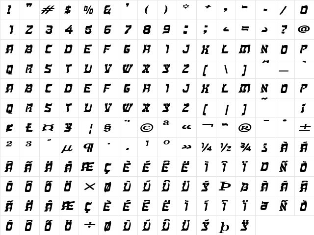 Kosher Extended BoldItalic  glyph index
