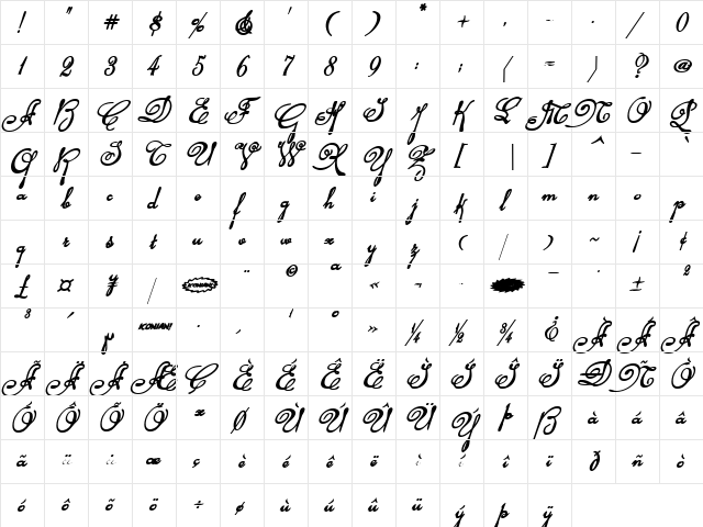 Rhalina Bold Italic Bold Italic  glyph index
