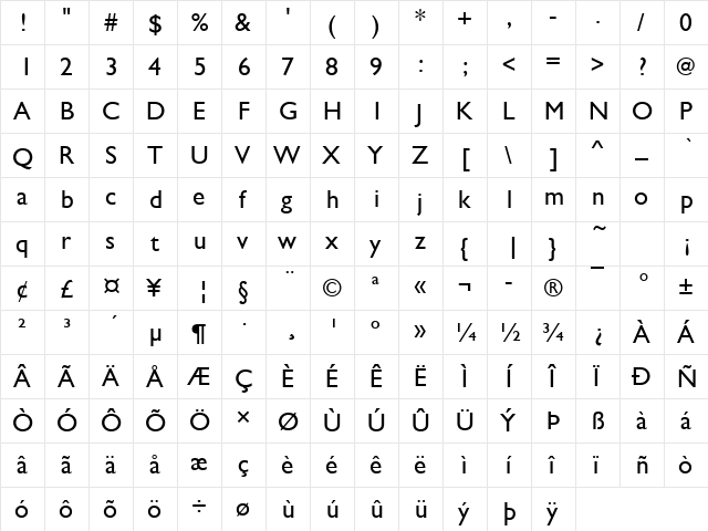 URWGalaxieNo2T Regular  glyph index