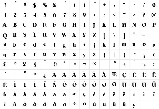 BelliniBoldCondensed Regular  glyph index