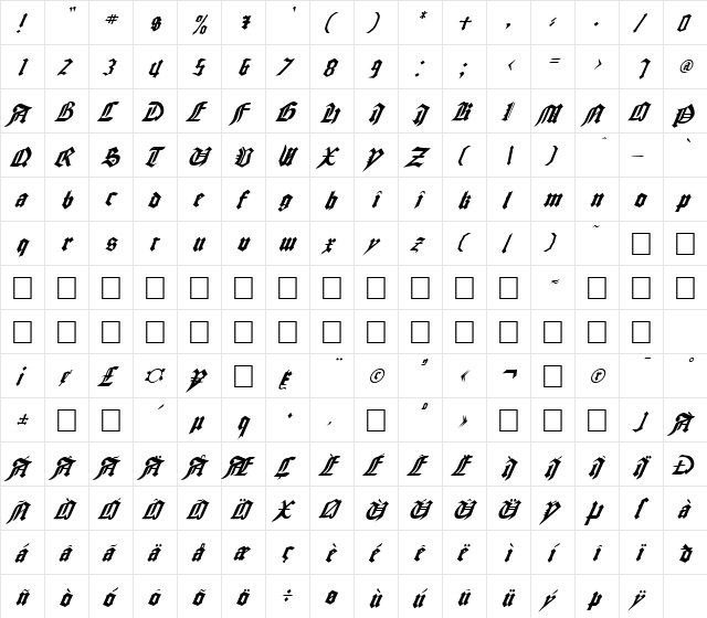 FZ GOTHIC 3 ITALIC Normal  glyph index