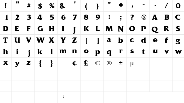 AnticlaireDisplaySSK Regular  glyph index