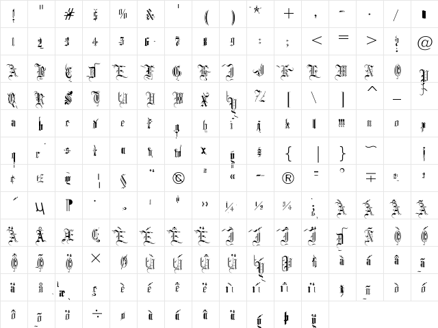 Blackletter686 BT Regular  glyph index