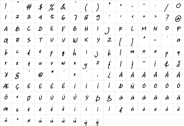 Yournotes Bold Italic  glyph index