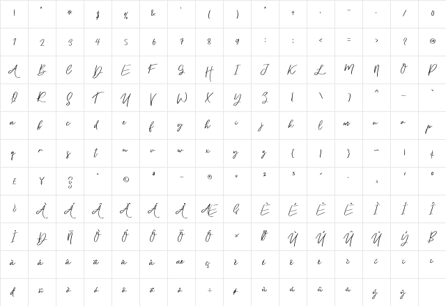 dreaming Regular  glyph index