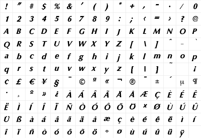 ColumbiaSerial-Xbold Italic  glyph index