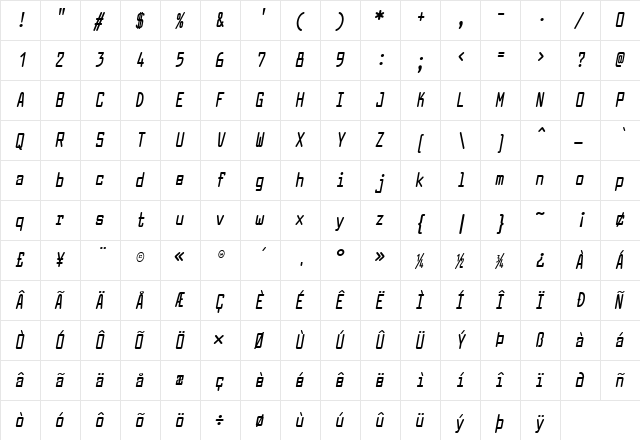 Larabiefont Compressed Bold Italic  glyph index