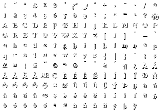 Devinne Swash Shadow Regular  glyph index