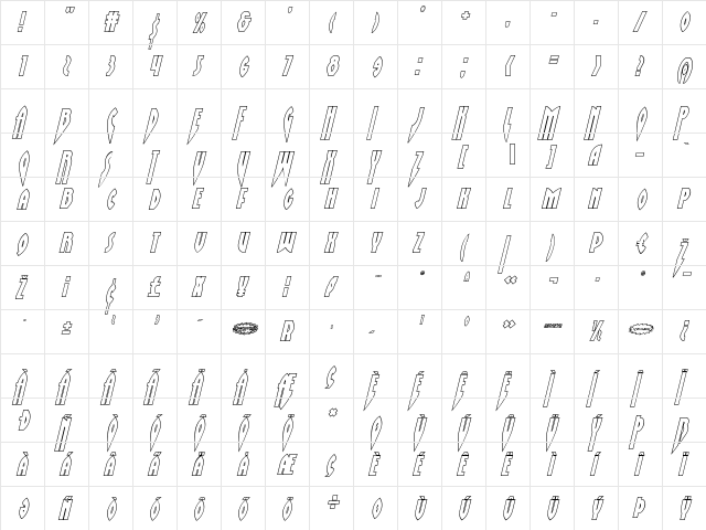 Zirconian Outline Italic Italic  glyph index