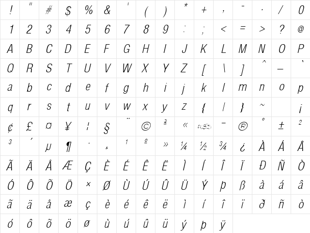 Arena Cond Light Italic  glyph index