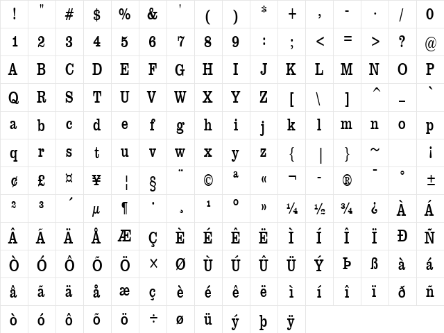 Clare-Condensed Normal  glyph index