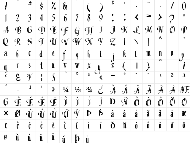 Classic Regular  glyph index