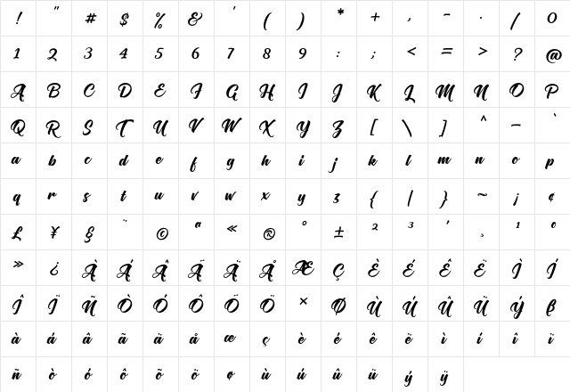 Flaming Regular  glyph index