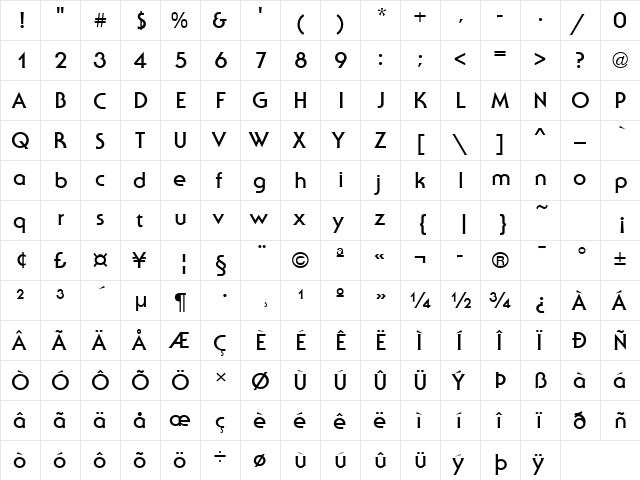 Serenade Bold  glyph index