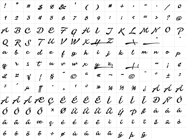 Aromia Script Medium Regular  glyph index