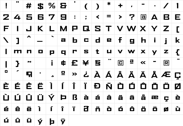 AgencyFB Bold Extended Regular  glyph index