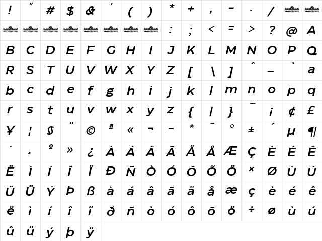 Eastman Trial Medium Italic  glyph index