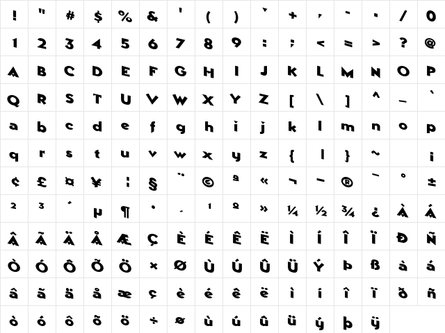 DownWardSlope77 Bold  glyph index