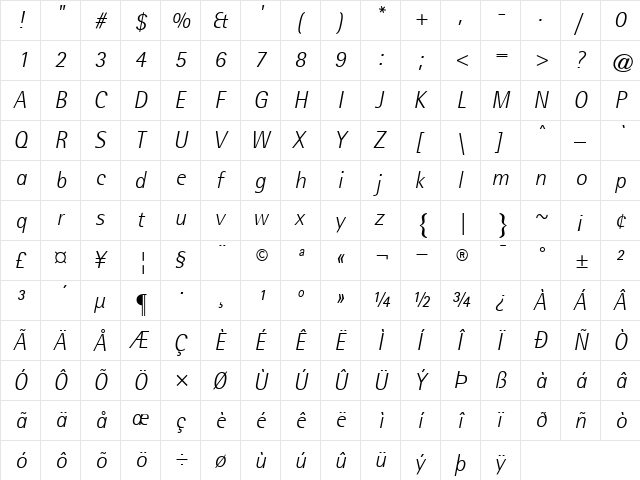 RotisSemiSans46-Light LightItalic  glyph index