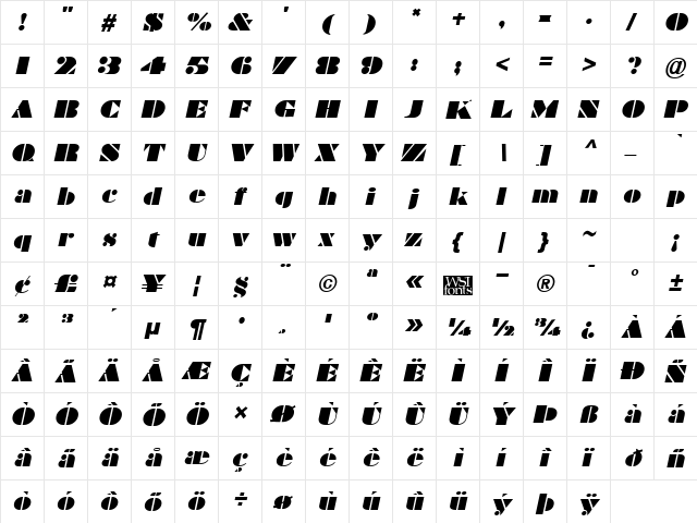 Bravado Italic  glyph index