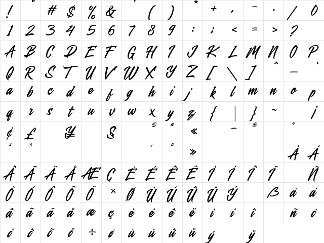 Blasteran Regular  glyph index