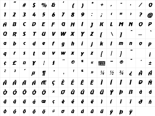 Revel Italic  glyph index