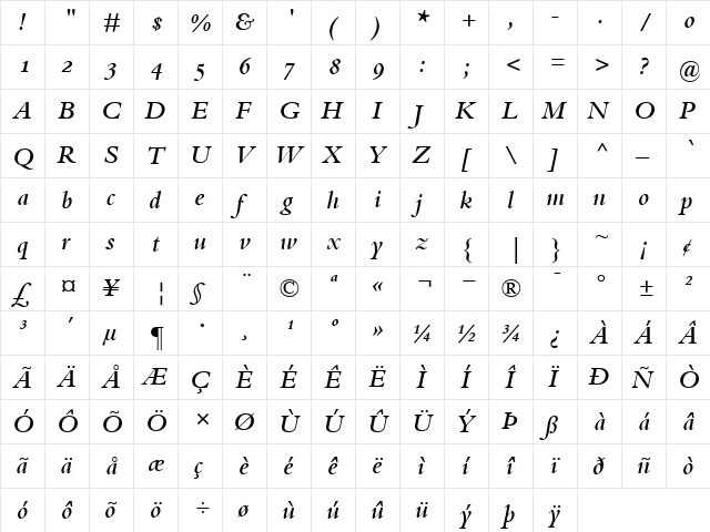 BemboOldstyleFigures-SemiBold Semi BoldItalic  glyph index
