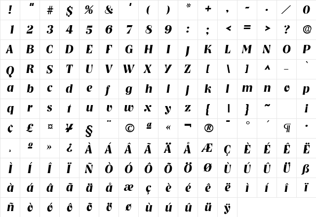 Tennessee SF Bold Italic  glyph index