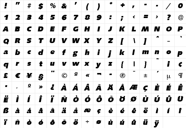 RogerBecker-Heavy Italic  glyph index