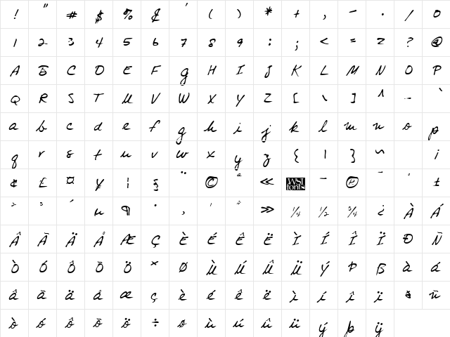 ElliesHand Regular  glyph index
