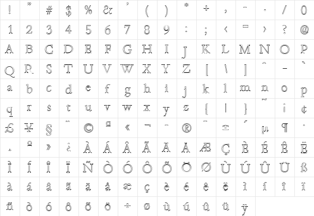 JoshuaBeckerOutline-ExtraLight Regular  glyph index