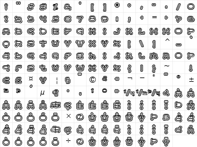 BelterMegaOutlineITC Roman  glyph index