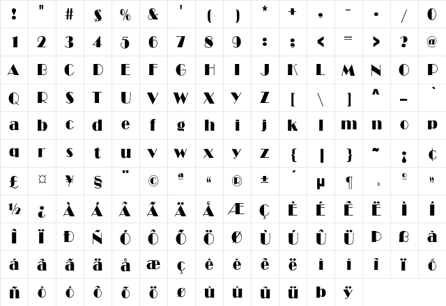 BroadwayCnd-Normal Regular  glyph index